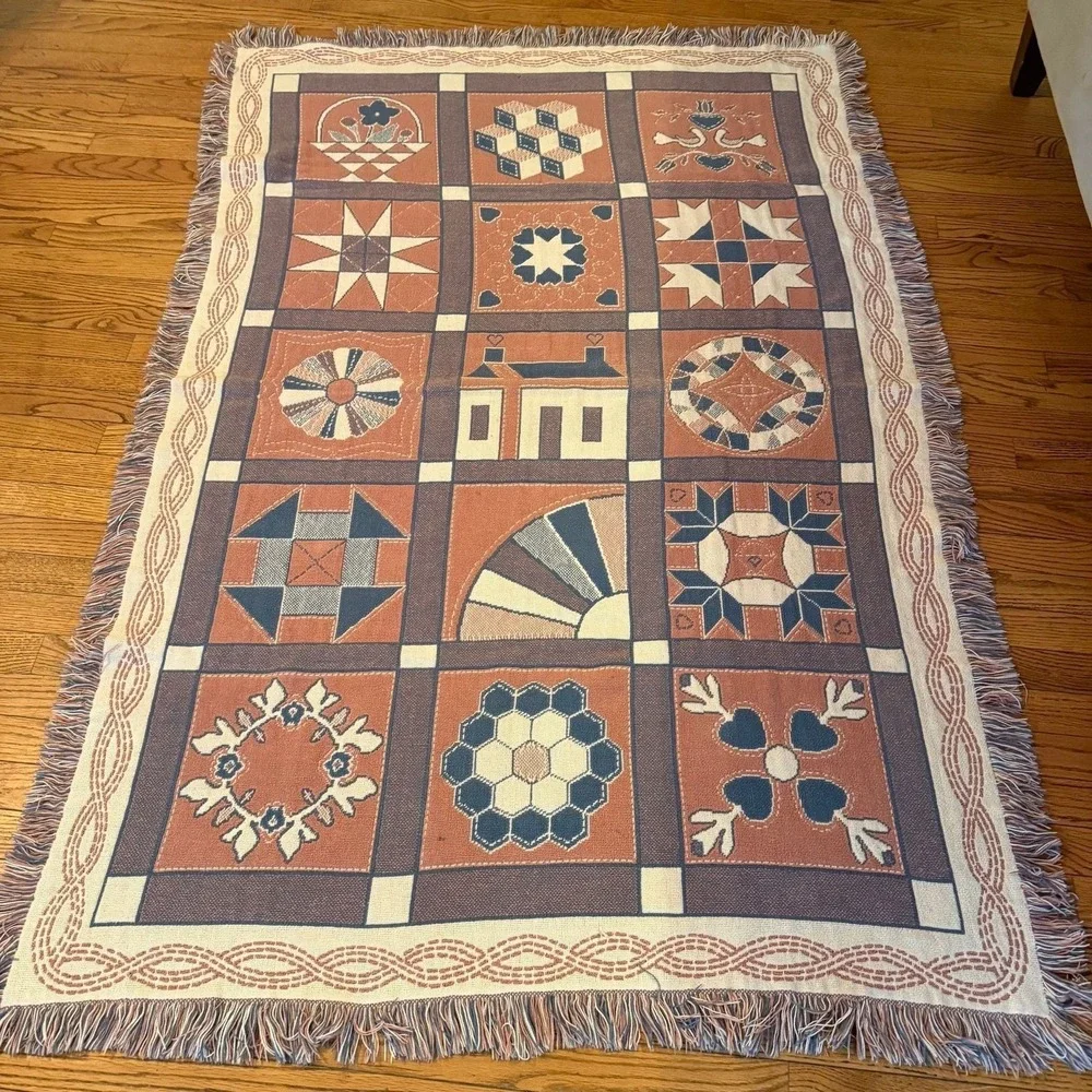 Vtg tapestry throw blanket blue & pink Cottagecore Grannycore 48.5